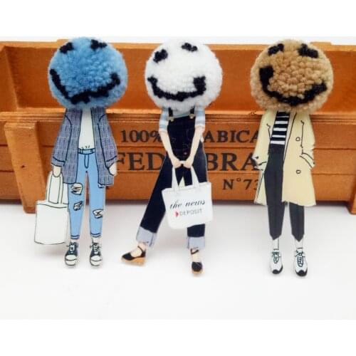 Fashion Acrylic Brooch Pins for Woman Brooches Cute Girls Cartoon Models Lapel Pin Kawaii Pompom Clothing Jewelry Accessories