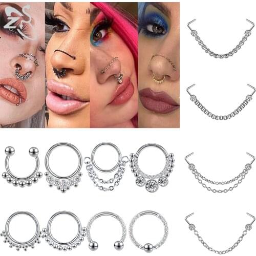 ZS Double Nose Piercing Ring Nose Chain Nostril Zircon Stainless Steel Nose Stud Decoration Earring Piercing Chain for Women