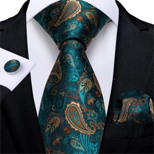 100% Silk Luxury Teal Green Paisley 8cm Tie For Men Wedding Dress Necktie Business Party Tie Pocket Square Cufflinks Set DiBanGu