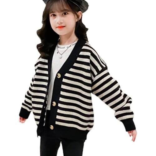 Teenage Girls Cardigans Sweaters Autumn Kids girl Knitted Outerwear Jacket New Coat Children Striped Clothes 6 8 10 12 13