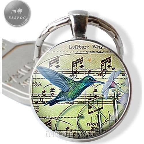 Fashion Accessories Hummingbird Music Keychain Key Chian Key Rings Glass Cabochon Keyring Music Note with Bird Jewelry Gift