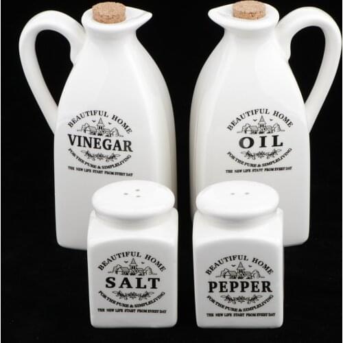 4Pcs White Ceramic Cruet Set For Oil Vinegar Salt Pepper Kitchen Tool Gadget