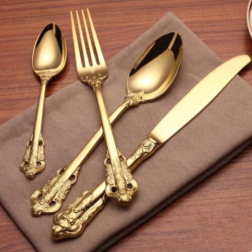 4 Pcs Engraving Vintage Western Gold Color Plated Dinnerware Dinner Fork Knife Set Golden Cutlery Set Stainless Steel Tableware