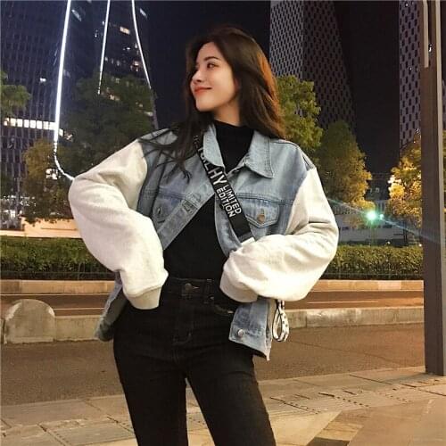 Autumn Winter Women Denim Jackets Patchwork Turn-down Collar Outerwear High Street Fashionable Jeans Y310