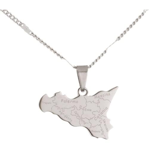 Stainless Steel Map of Sicilia Necklace Pendants Trendy Women Silver Color Chain Jewelry