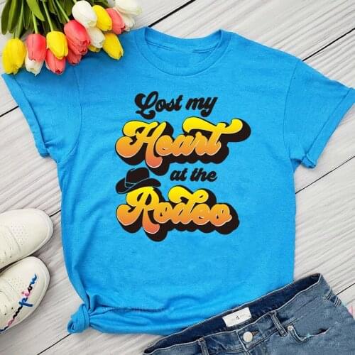 Lost My Heart at The Rodeo Letters Printed Graphic Slogan Tees Plus Size Cotton Aesthetic Tops Short Sleeve Women Vintage Tshirt