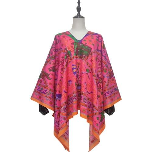 Plus Size Bohemian European Printed Silk Blouse For Women Sexy V-neck African Muslim Batwing Sleeve Top Clothes