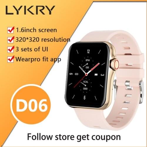 LYKRY D06 Smart Watch 1.6 inch Full Touch Screen Bluetooth Call Blood Pressure Womens Watches Men For Android IOS PK HW12 HW16