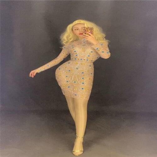 V56 Sexy female pole dance stage rhinestones dress long sleeve mesh perspective drilling skirt party wears crystal skinny outfit