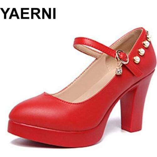 YAERNI Fashion Pearl White Black Block Heels Pumps Plus Size Red Platform Shoes High Heels Women Dance Shoes For Bride Wedding