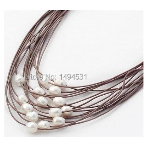 Pearl Necklace - Multi-Strand 11-12mm White Color Natural Freshwater Pearl Brown Leather Necklace Magnet Clasp Women Jewelry