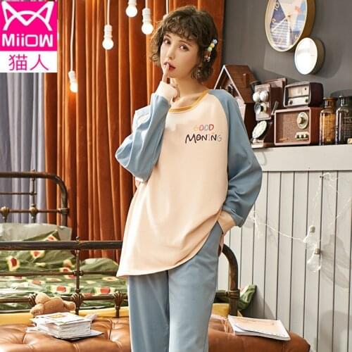 Ladies Spring and Autumn Long-sleeved Long-sleeved Trousers Cotton Pajamas Round Neck Two-piece Comfortable Plus Size Home Wear
