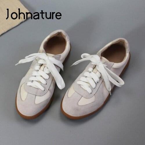 Johnature Spring/Autumn Flats Women Shoes 2021 New Lace-Up Genuine Leather Handmade Concise Round Toe Shallow Ladies Shoes