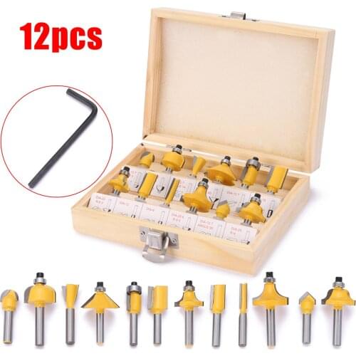12Pcs/Box Carbide Router Bit Set 1/4'' Shank Woodworking Cutter Tool with Wrench For Woodworking Trimming Wood Cutting Tool