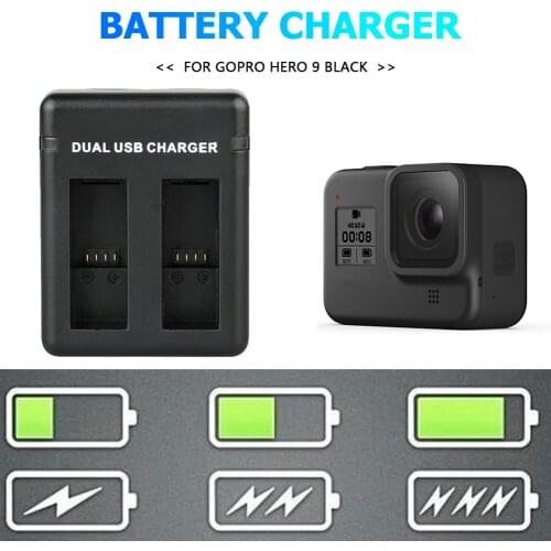 For GoPro HERO 9 Battery Charger Micro USB Type-C Dual Battery Pack Charger 2 Ways Smart Charging Dock for Gopro Hero 9 Black