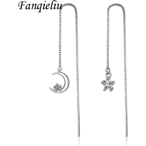Fanqieliu Asymmetric Long Tassel Chain Crystal Moon Star Drop Earrings Woman 925 Sterling Silver FQL21047