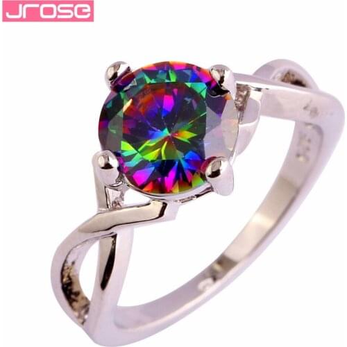 JROSE Fashion Pretty Gracefull Round Cut Rainbow CZ Silver Ring Size 6 7 8 9 10 Romantic Super Demure Jewelry