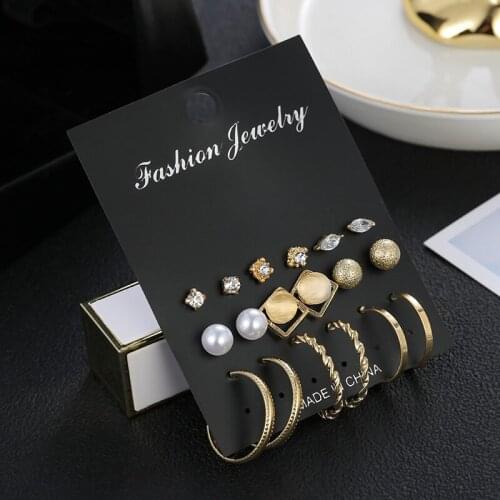 Korean Version Simple Alloy Opal Pearl 6 Pairs Set Earrings For Women Fashion Exaggeration Geometry Stud Jewelry Wholesale