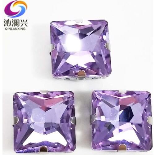 Crystal violet top quality Glass Crystal sew on stones,square shape claw rhinestone with holes,Diy/Clothing accessorie SWZ410