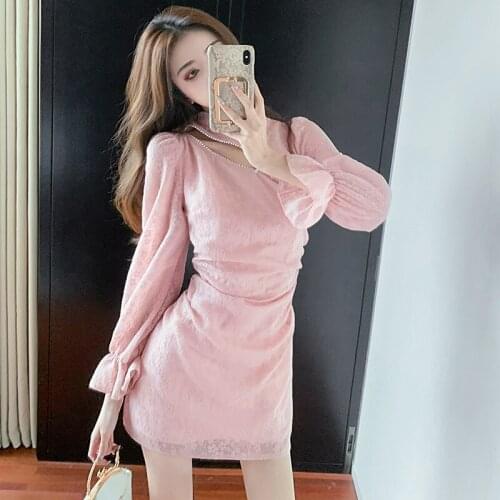 Fashion Korean Women Vintage Sexy Hollow Flare Sleeve Mini Party Club Dress Elegant Sweet Cute Floral Pink Female Short Dress