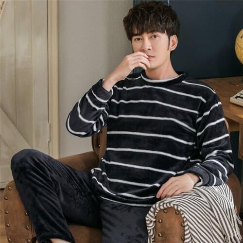 Plus Velvet Thicken Winter Mens Pajamas Set Long Sleeve O-neck Sleeping Tops Large Size Homewear Pajamas Sleep Loose Sleepwear