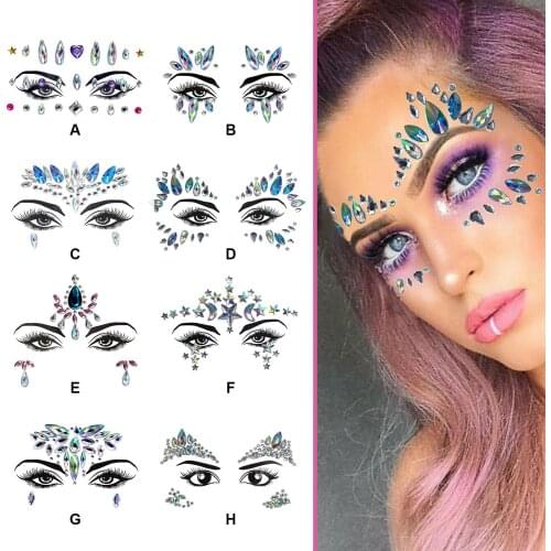 Face Sticker Rhinestone Gems Resin Crystal Glitter Jewels Tattoo Temporary Stickers for Rave Festival Party Eyes Forehead Decor