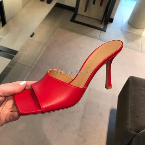 Sky Blue Slipper Square Toe High Heel Dress Slides Summer Red Fashion Shoes Women Beach Shoes