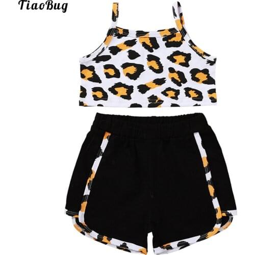 Summer 2Pcs Kid Girls Cotton Leopard Print Suit Spaghetti Straps Sleeveless Cropped Top Vest Shorts Set For Exercise Casual Wear