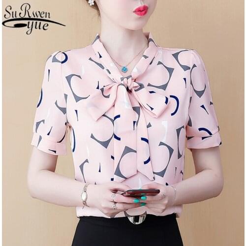 2021 Summer New Short-Sleeved Printed Bow V Collar Chiffon Blouse Korean Style Fashion Women Blouses Blusas Mujer 9300 50