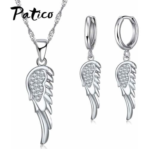925 Sterling Silver Angle Wing Pendant Necklace Earrings For Wedding Full Zirconia Earrings Necklace Sets Dropship