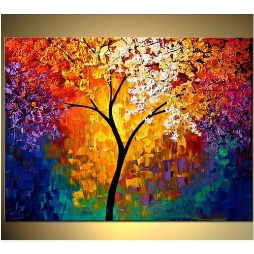 Handmade Wall Art Decorative Calligraphy Colorful Life of Tree Picture Hand Painted Palette Knife Canvas Oil Painting
