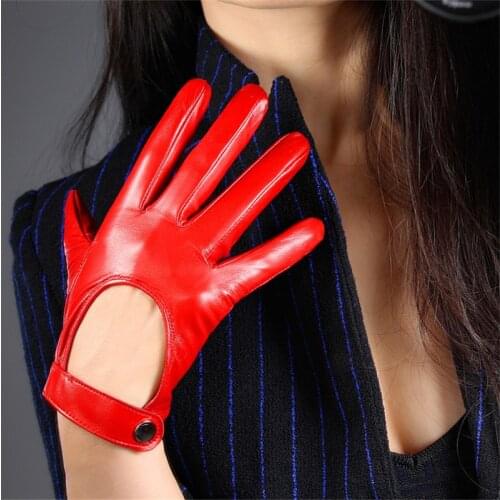 TECH GLOVES Real Leather Short White Lambskin Sheepskin Belt with Button Closure Women Gloves Touch Screen ZP03
