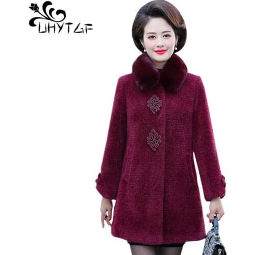 UHYTGF Imitation mink cashmere Winter wool coat women fashion fur collar thick warm coats loose 5XL plus size tops outerwear 524