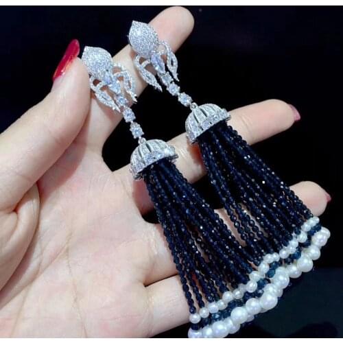 Dark blue color long tassels earring 925 sterling silver with cubic zircon and fresh water pearl fine women jewelry