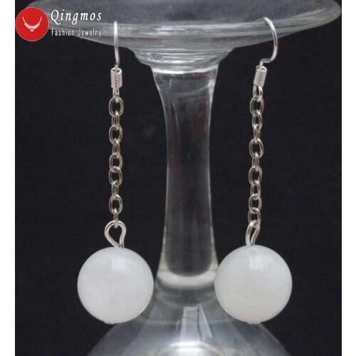 Qingmos White Round Natural High Quality Moonstone Earrings for Women with Natural 12mm Stone Dangle Earring 2'' ear648