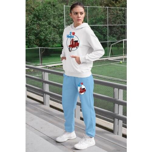 Angemiel Wear I Love Vespa Womens Sweat Suits White Hooded Sweatshirt Blue Sweatpants