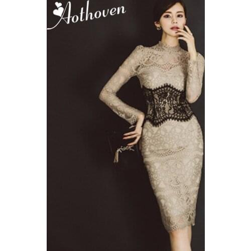 Spring Women Dress Lace Patchwork Apricot Pencil Dress O Neck Bandage Slim Sexy Party Bodycon Vintage Dresses 2019 Vestidos