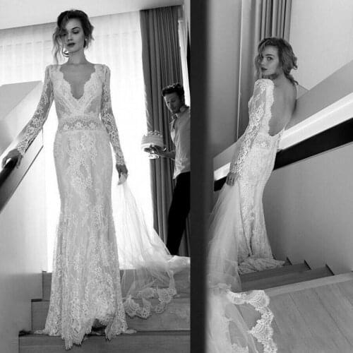 2020 Full Lace Boho Wedding Dresses V-Neck Long Sleeve Backless Beach Bridal Gowns For Women Fast Shipping Free