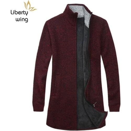 Winter Brand New Mens Stand Collar Medium Length Knitting Sweaters Long Sleeve Fleece Liner Male Thick Warm Slim Coats Plus Size