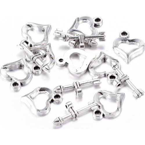 20 sets/lot Metal Alloy Clasps Hooks Findings Silver Color Heart Shape Toggle Clasp For DIY Necklace Jewelry Making Accessories