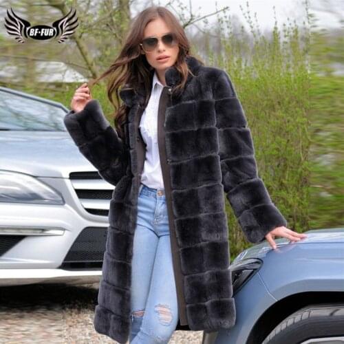 2021 Winter Fashion Long Rex Rabbit Fur Coat For Women Dark Grey Natural Genuine Rabbit Fur Jacket Stand Collar Female Overcoats