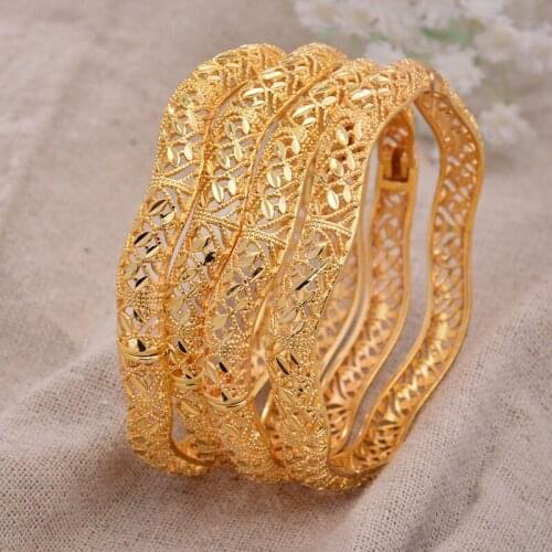 ANNAYOYO 4Pcs/lot Ethiopian Africa Gold Color Bangles for Women Dubai Bride Bracelet African Wedding Jewelry Middle East Items