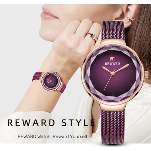 REWARD Fashion Purple Quartz Watches Women Stainless Steel Strap Wristwatch Ladies Diamond Classic Clock Female