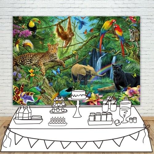 Baby Shower Backdrop Jungle Zoo Animals Happy Birthday Background Kids Wild One Blue Butterfly with Rainbow Safari Backdrop