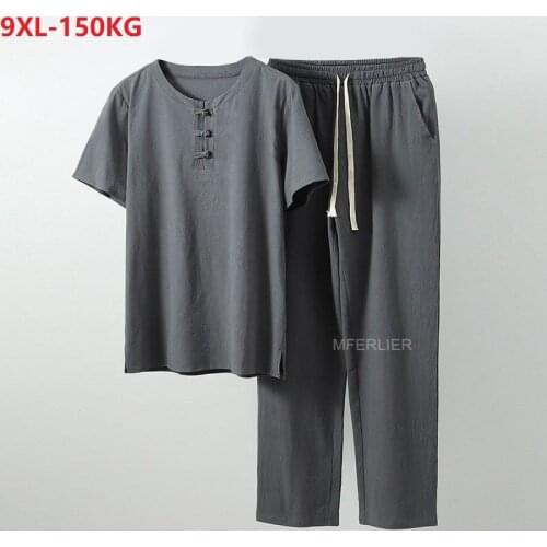 Summer linen T-shirt and pants Men Chinese style tees Short Sleeve Tang suit plus size 5XL 7XL 8XL 9XL vintage oversize tops 70
