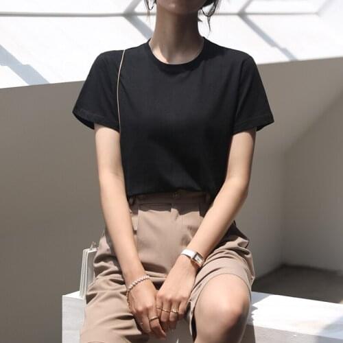 Summer Cotton New Womens Solid Short Sleeve T-shirt Retro Simple Round Neck Pullover Oversized T-shirt Office Lady Tops