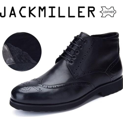 Jackmiller Top Brand Cow Leather Mens Boots Flat Wool Lining Warm Good Quality Lace-Up Zipper Inside Color Black & Brown