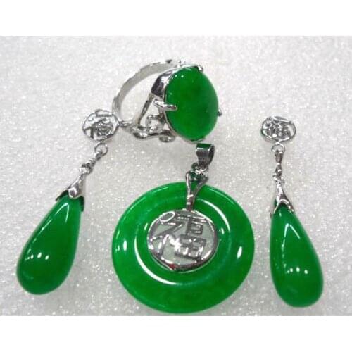 Beautiful Green Purple Stone Blessing Pendant Earrings Ring Set