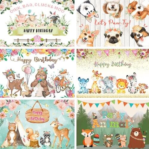 MOCSICKA Cartoon Animals Happy Birthday Backdrop Baby Kid Wild One Birthday Party Photo Background Photography for Photo Studio