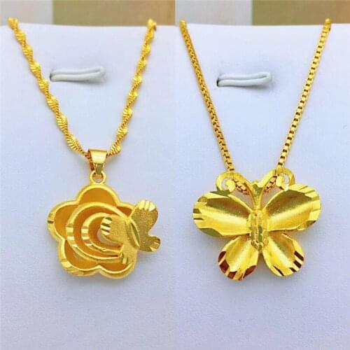 Fashion 14K Gold Pendant Necklace for Womens Wedding Engagement Jewelry Yellow Gold Butterfly Double Water Wave Necklace Gifts